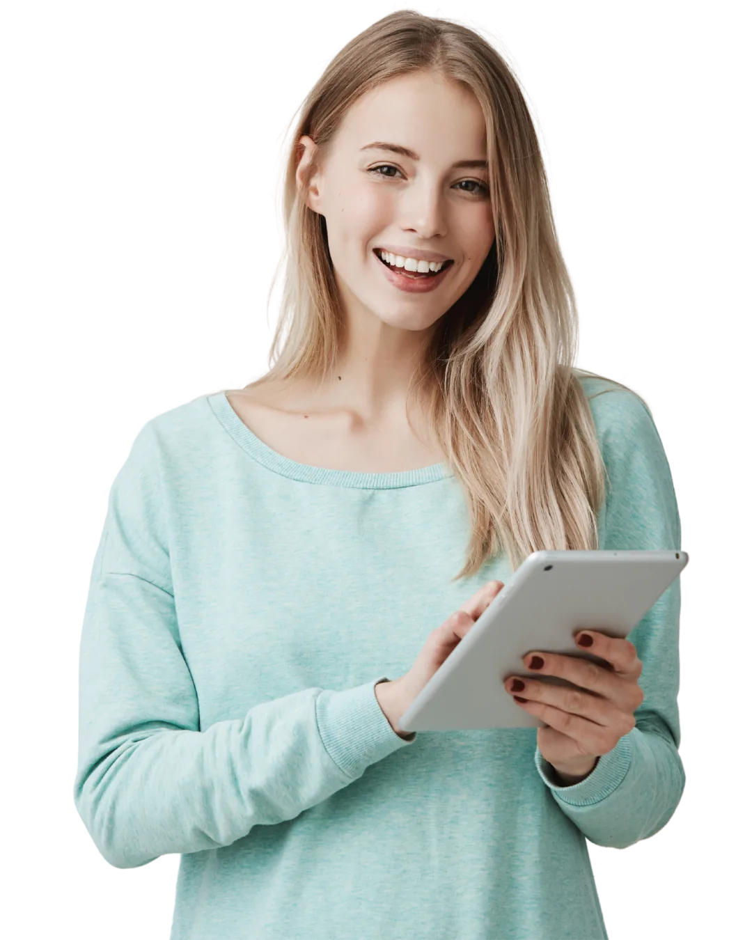 Profissional sorrindo enquanto consulta o tablet, representando o atendimento da Axxis